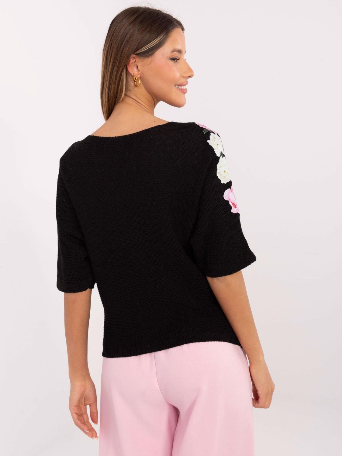 Black Floral Sweater with 3/4 Sleeves