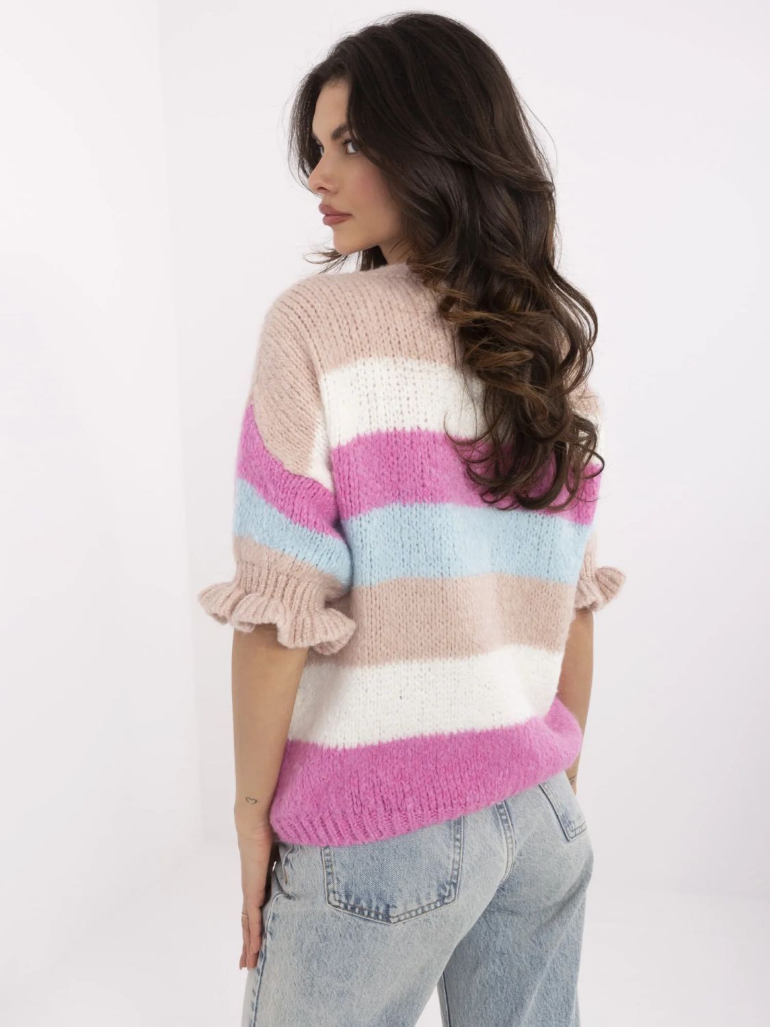White-Pink Sweater with 3/4 Sleeves