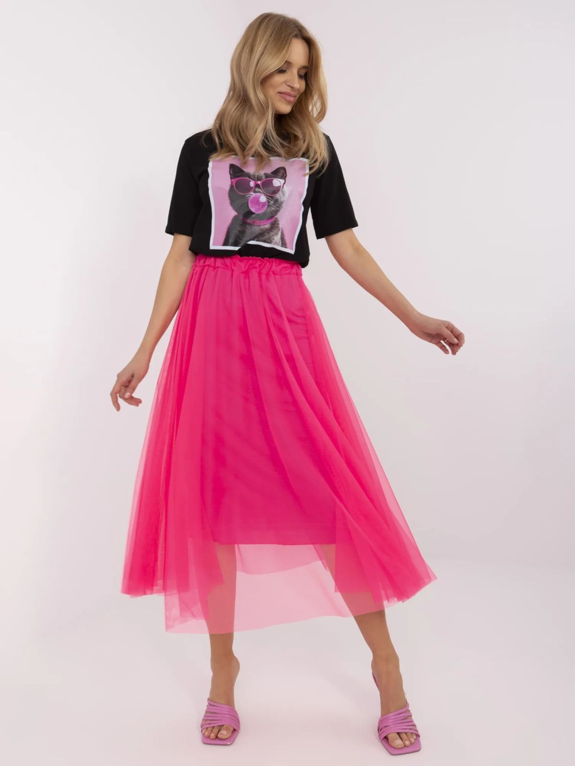 Fluorescent Pink Midi Tulle Skirt