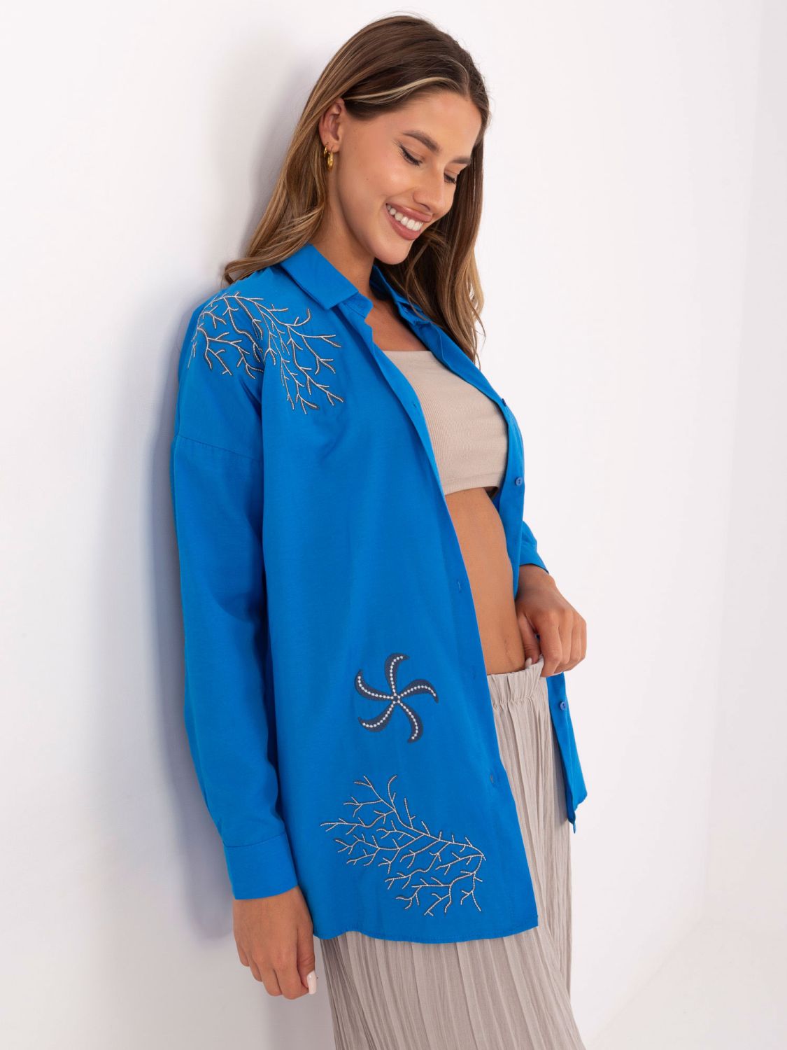 Dark Blue Oversized Shirt with Embroidery