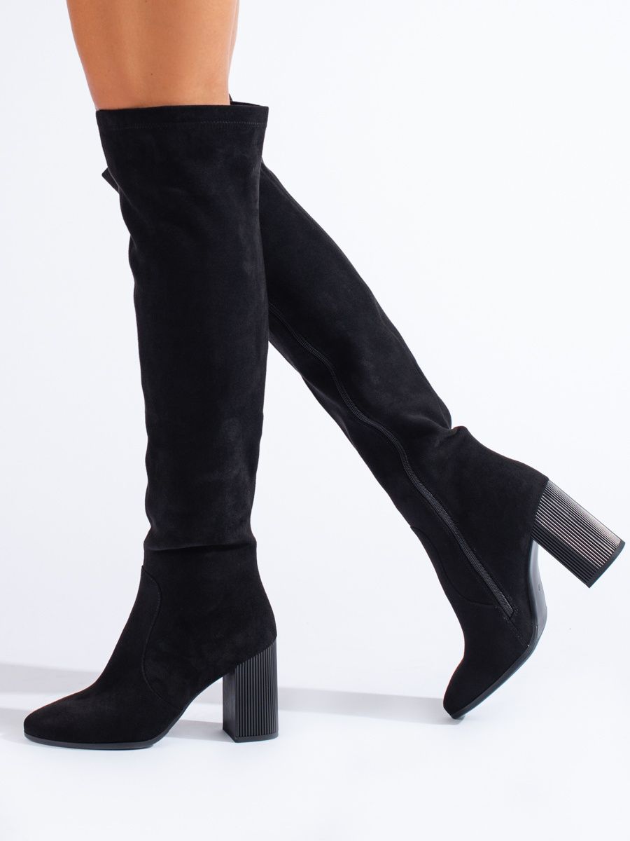 High heeled suede boots black
