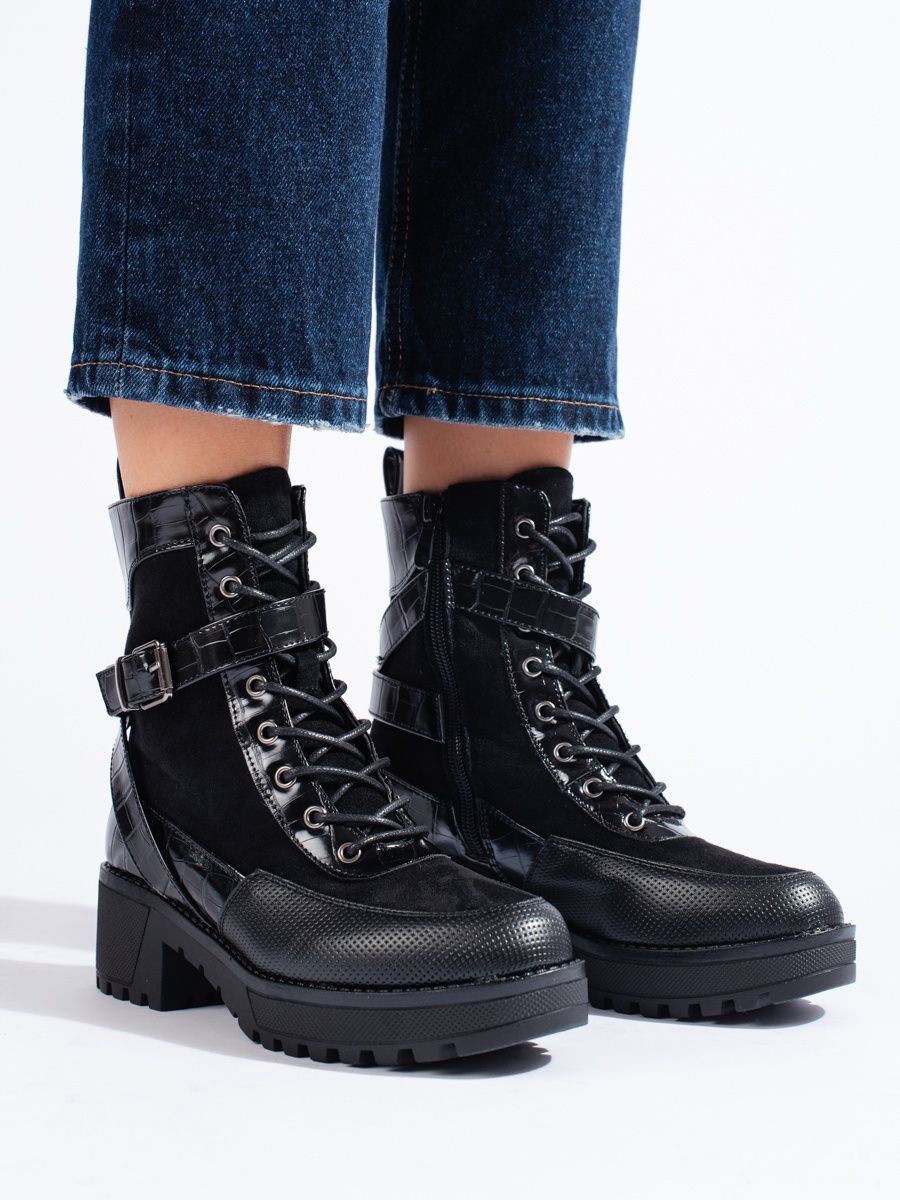 Black ankle boots with lacing and zip