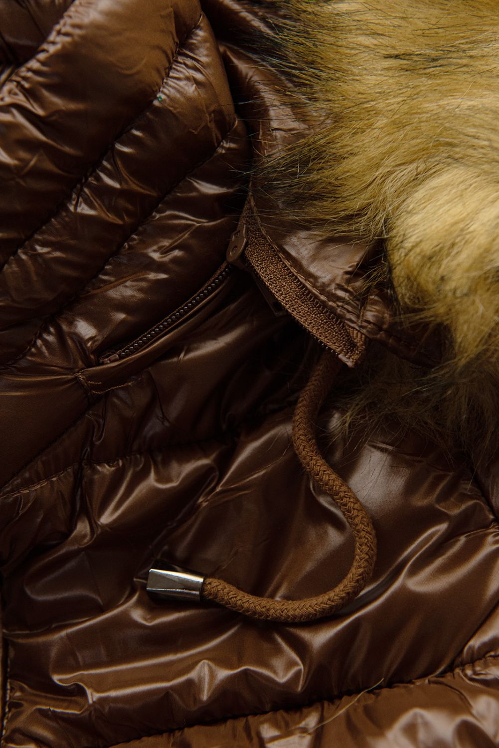 Chocolate brown shiny quilted jacket with a hood
