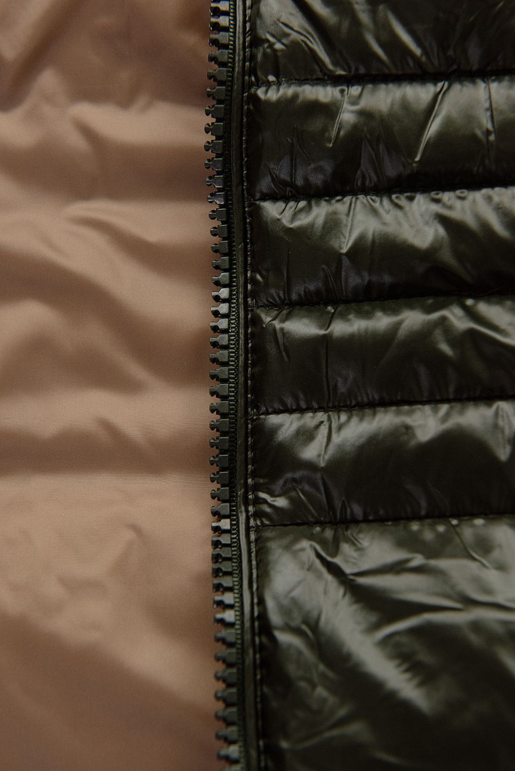 Khaki shiny quilted jacket with a hood
