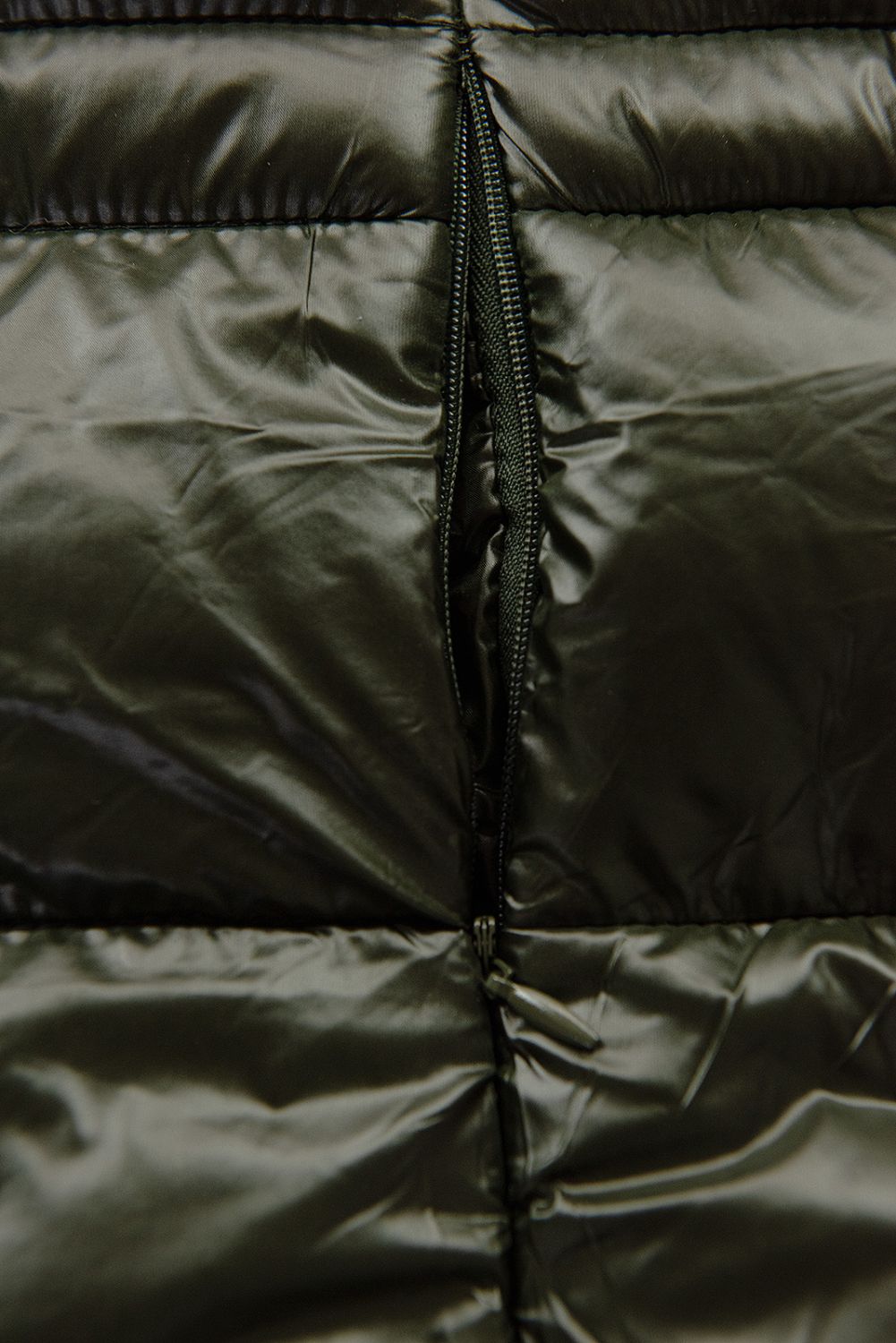 Khaki shiny quilted jacket with a hood