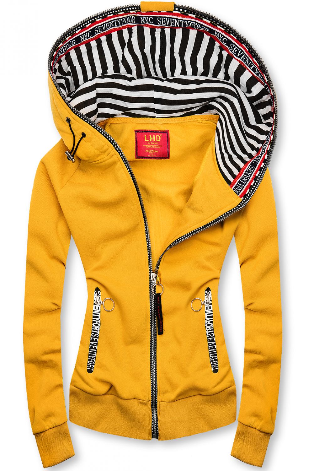 Yellow hoodie with striped lining