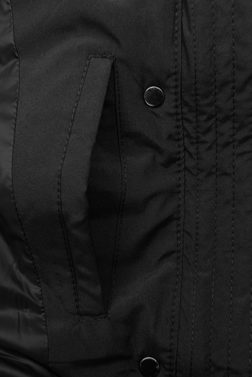 Black winter jacket shaped for wider hips