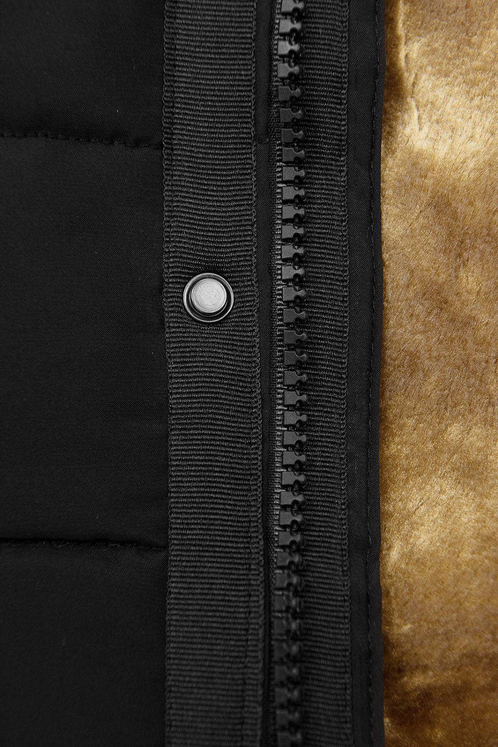 Black quilted winter jacket with the hood