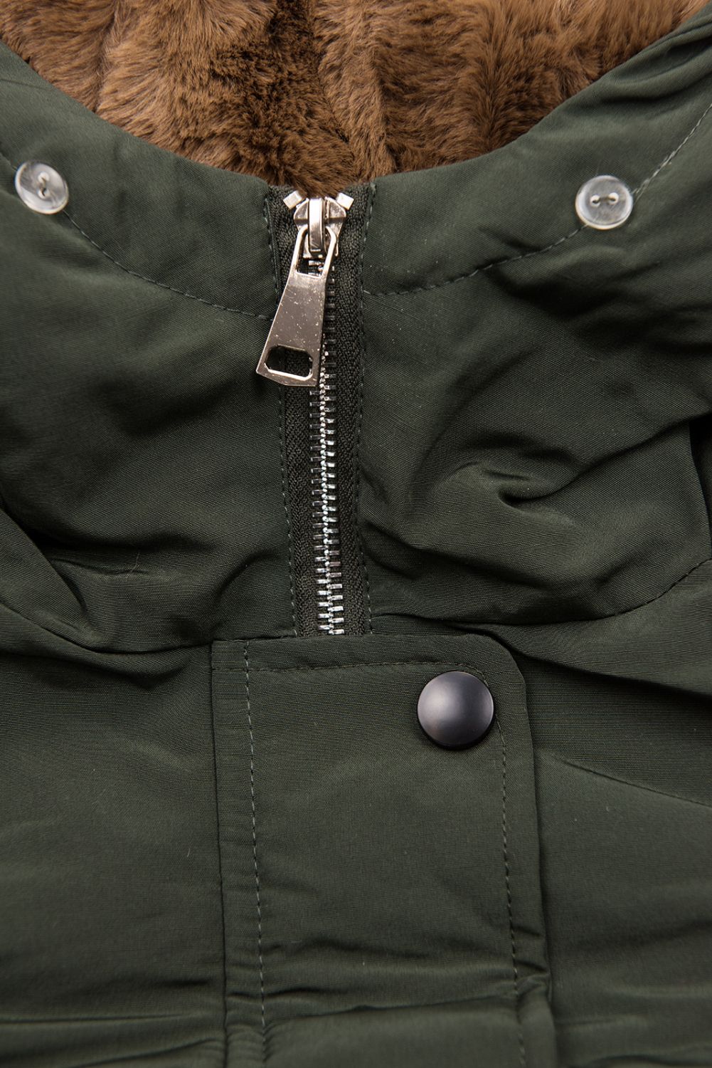 Dark green winter parka jacket with faux fur