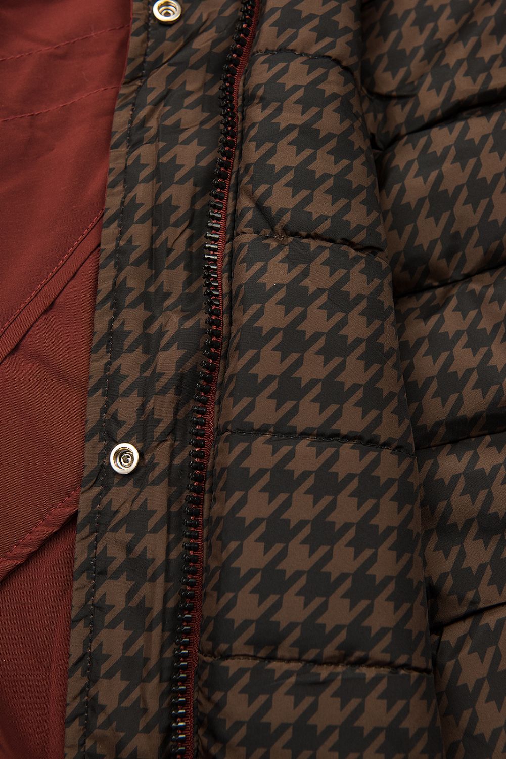 Cinnamon brown reversible winter parka with faux fur trim