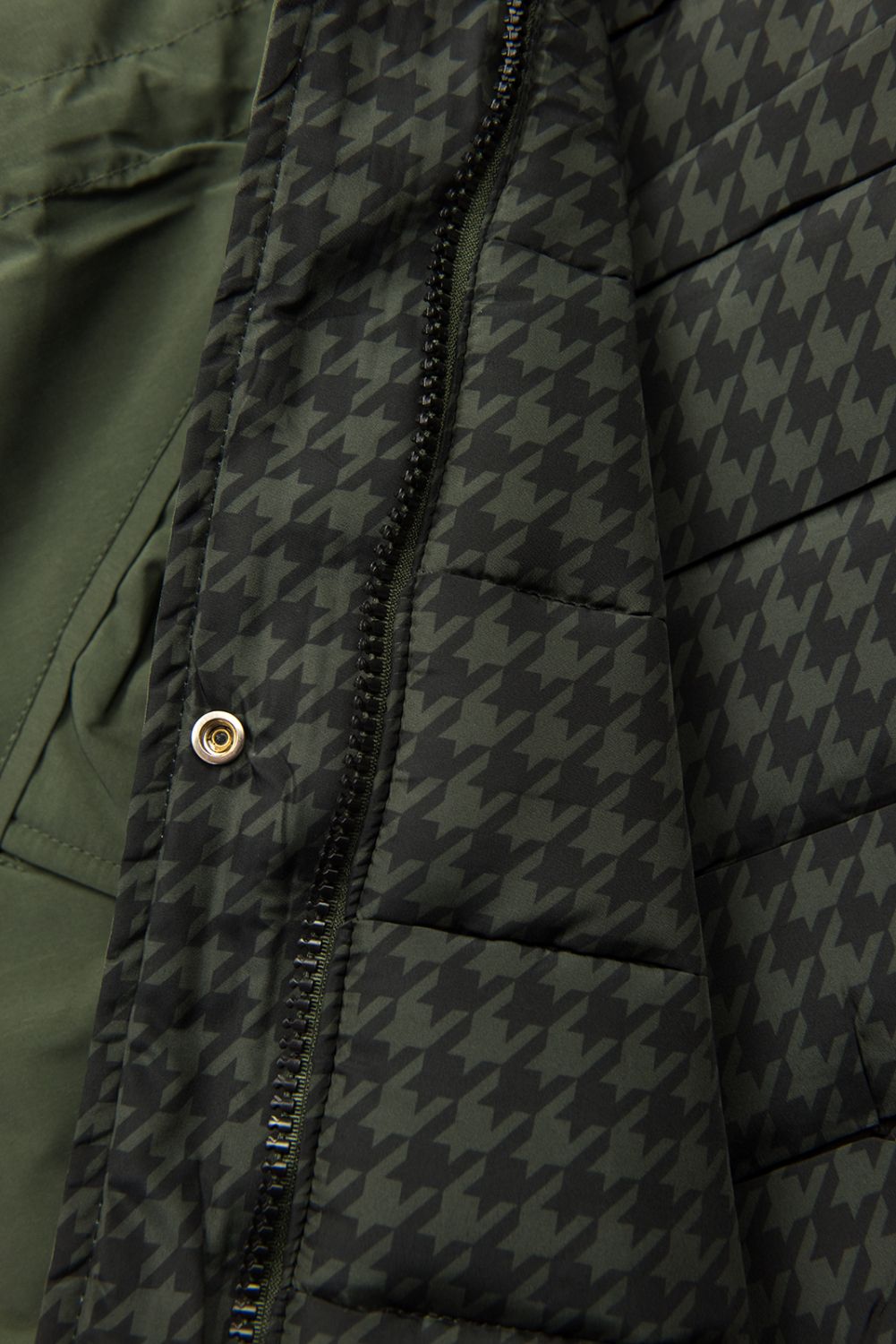 Khaki green reversible winter parka with faux fur trim