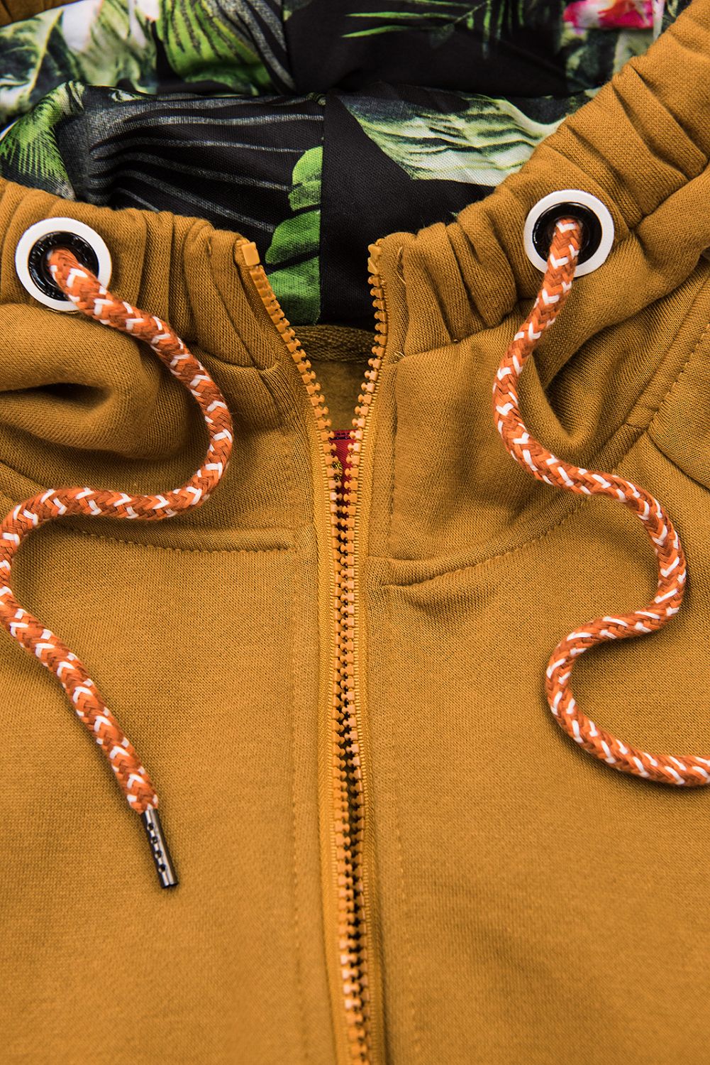 Dark yellow sweatshirt jacket with a floral hood lining by LHD