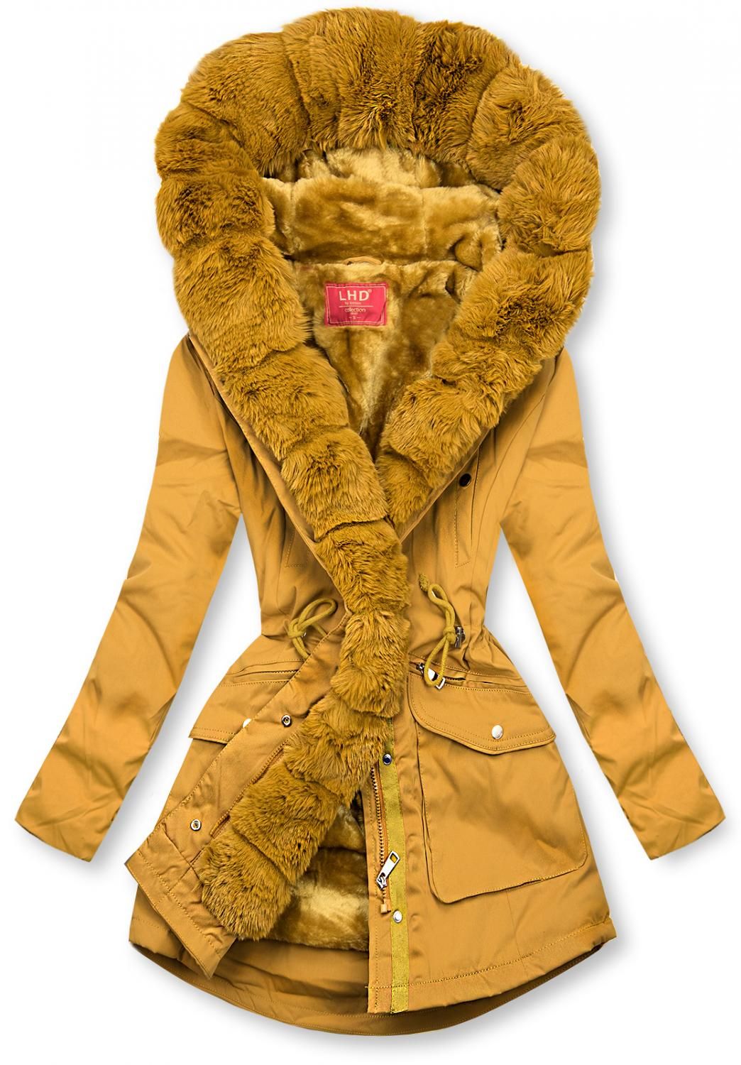 Yellow parka jacket with soft faux fur lining