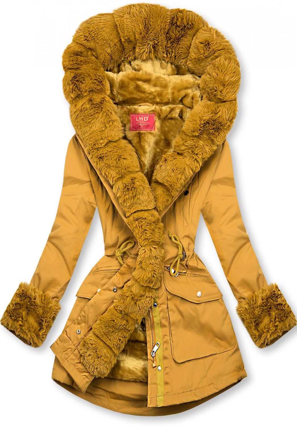 Yellow parka jacket with soft faux fur lining