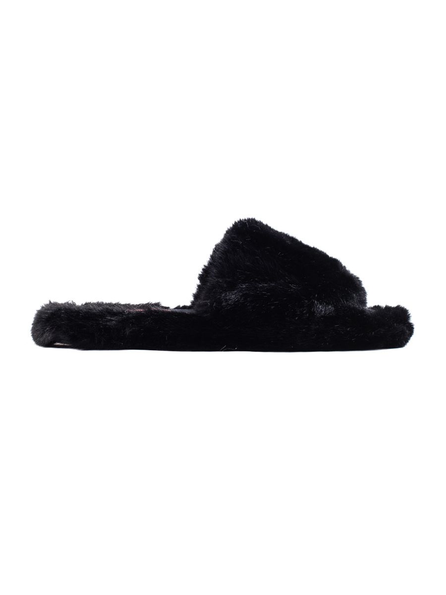 Black faux fur slippers