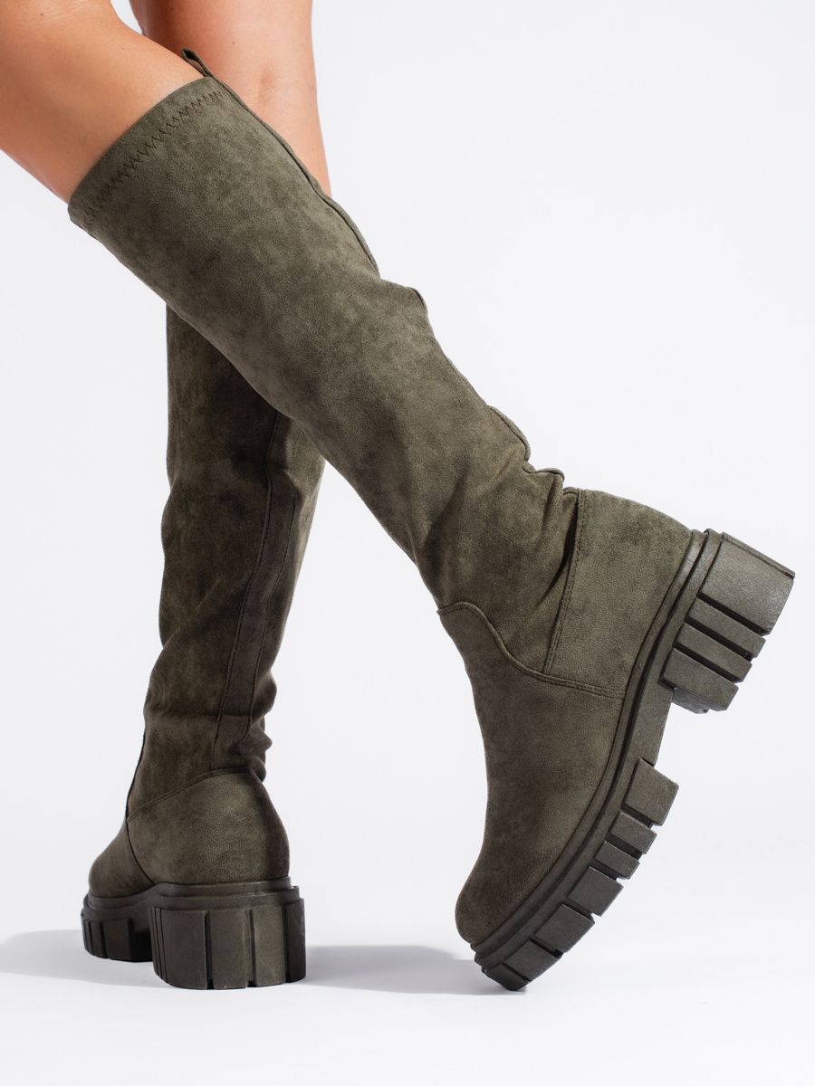 High suede boots with a thick sole khaki