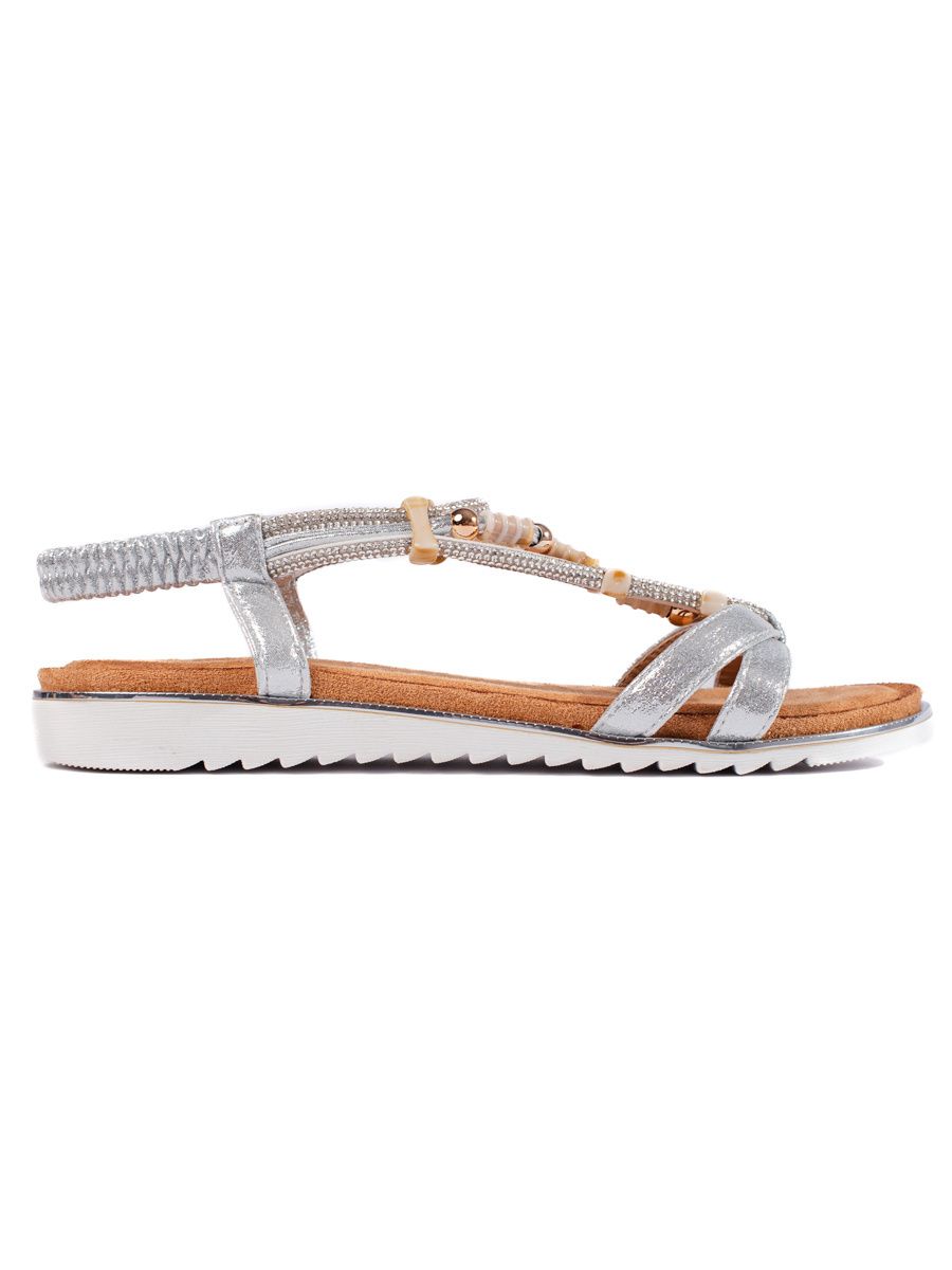 Silver Flat Sandals with Beads