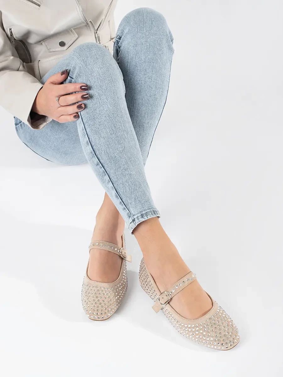 Beige Women's Studded Ballerinas