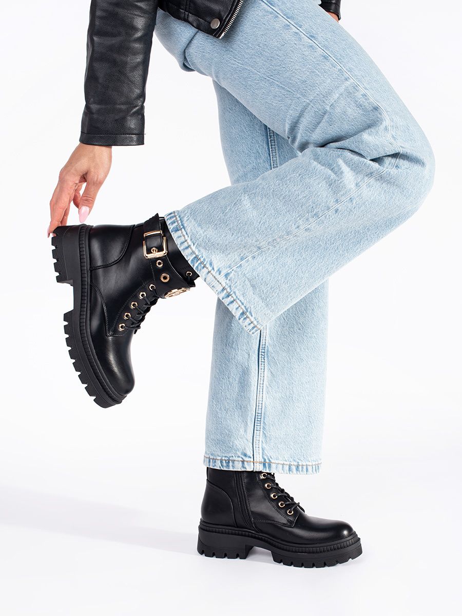 Black Women's Ankle Boots with Decorative Strap