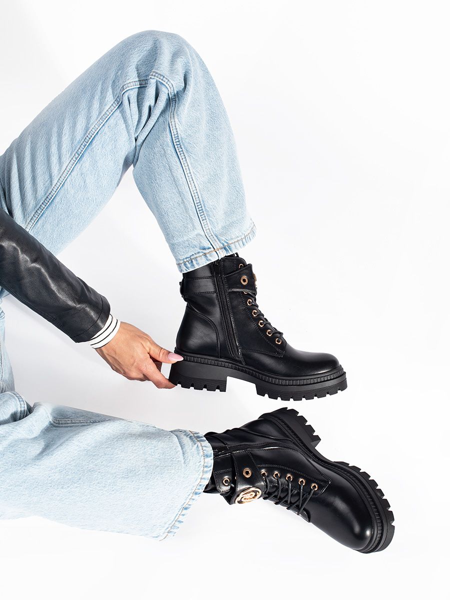 Black Women's Ankle Boots with Decorative Strap