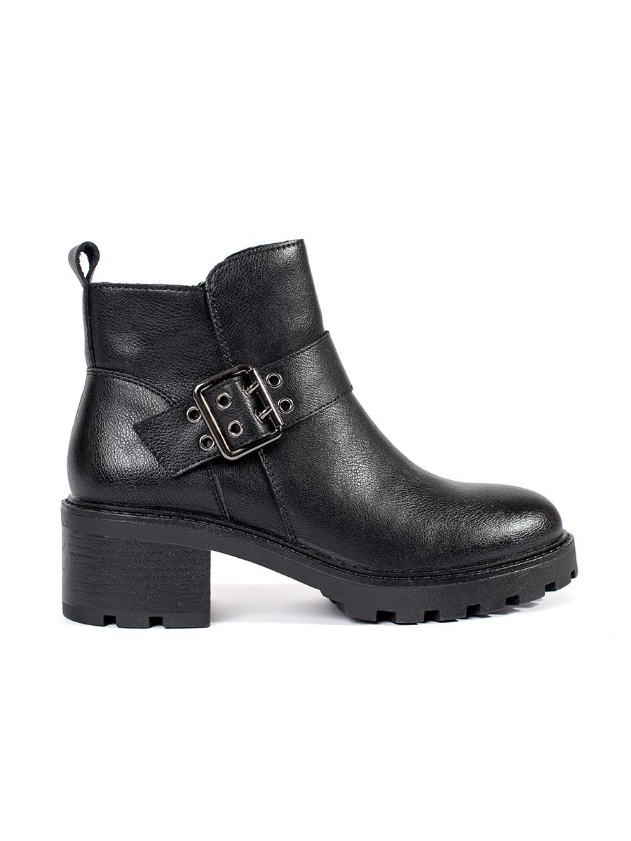 Black Leather Ankle Boots with Heel and Decorative Buckle
