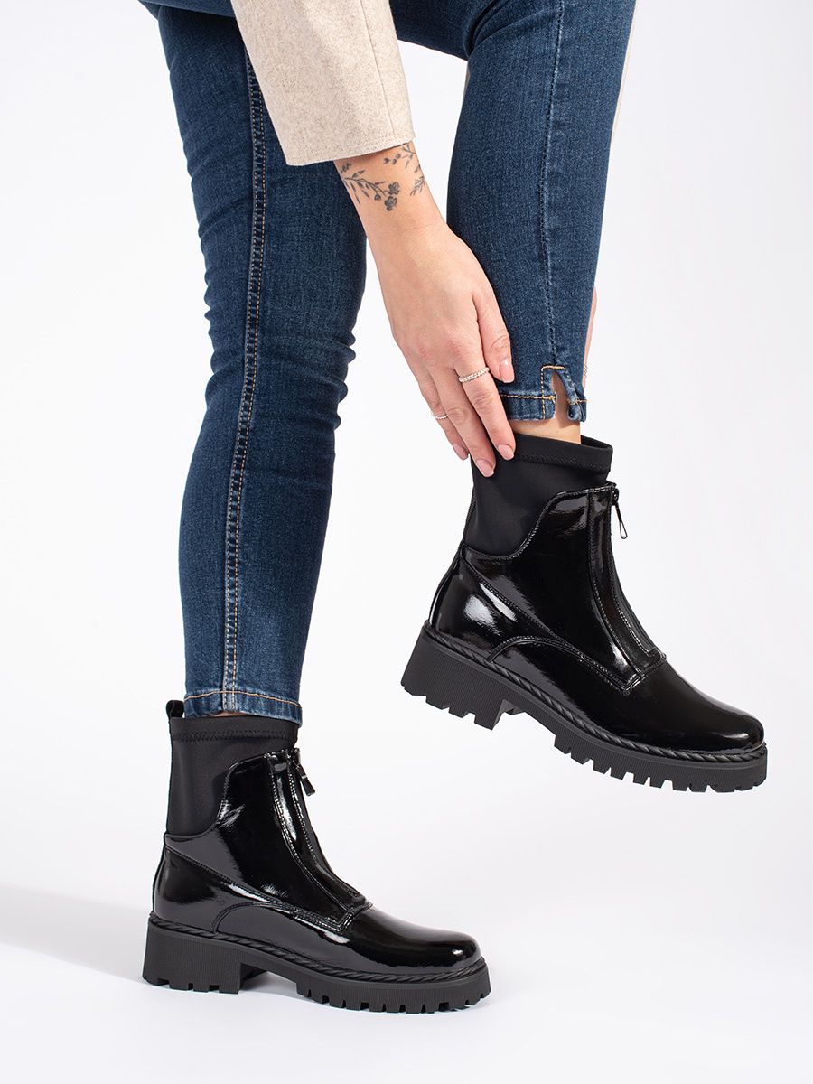 Lacquered Black Ankle Boots with Zipper
