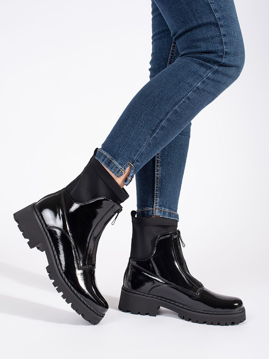 Lacquered Black Ankle Boots with Zipper