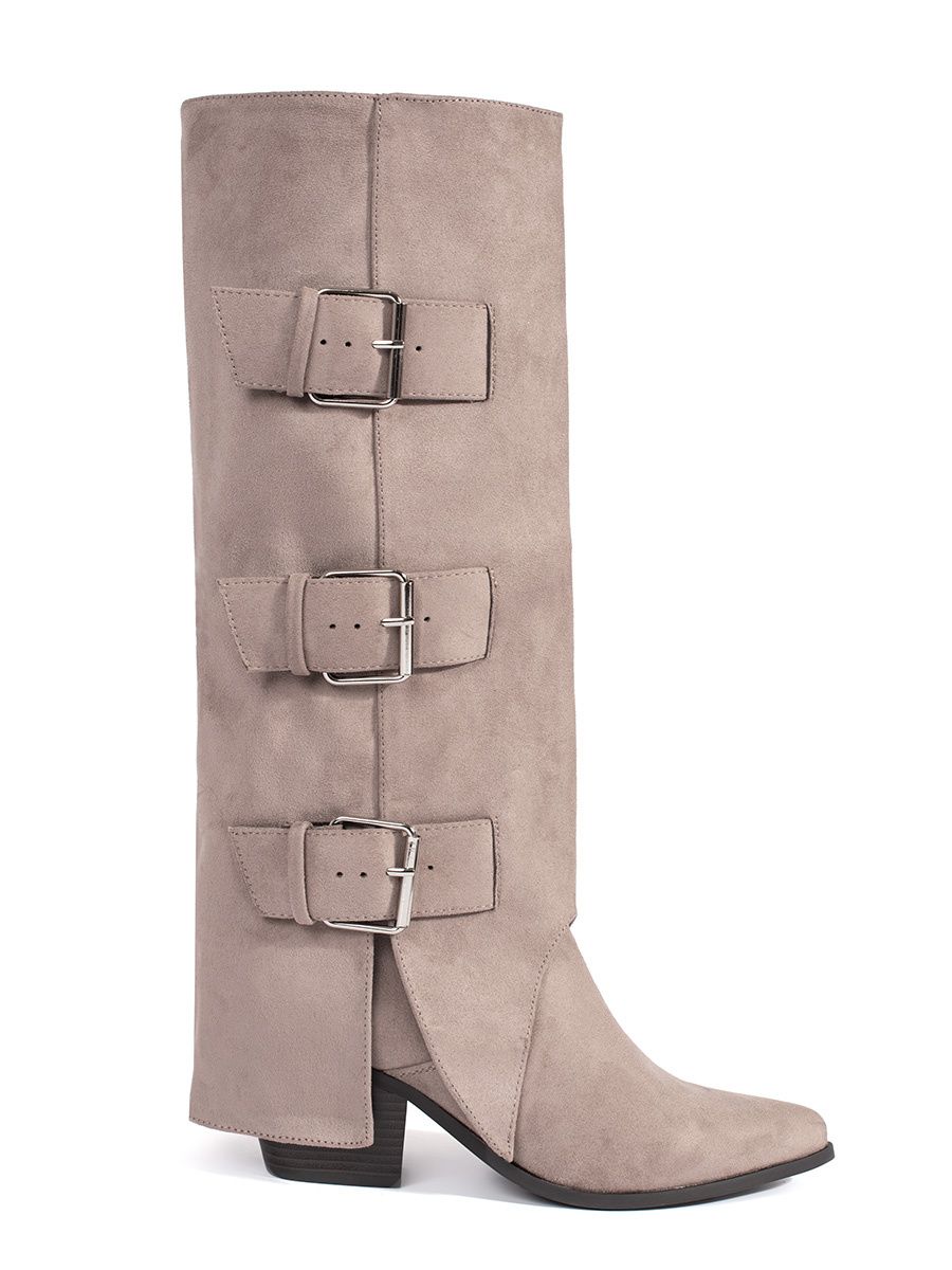 Beige Suede Knee-High Block Heel Boots with Buckles