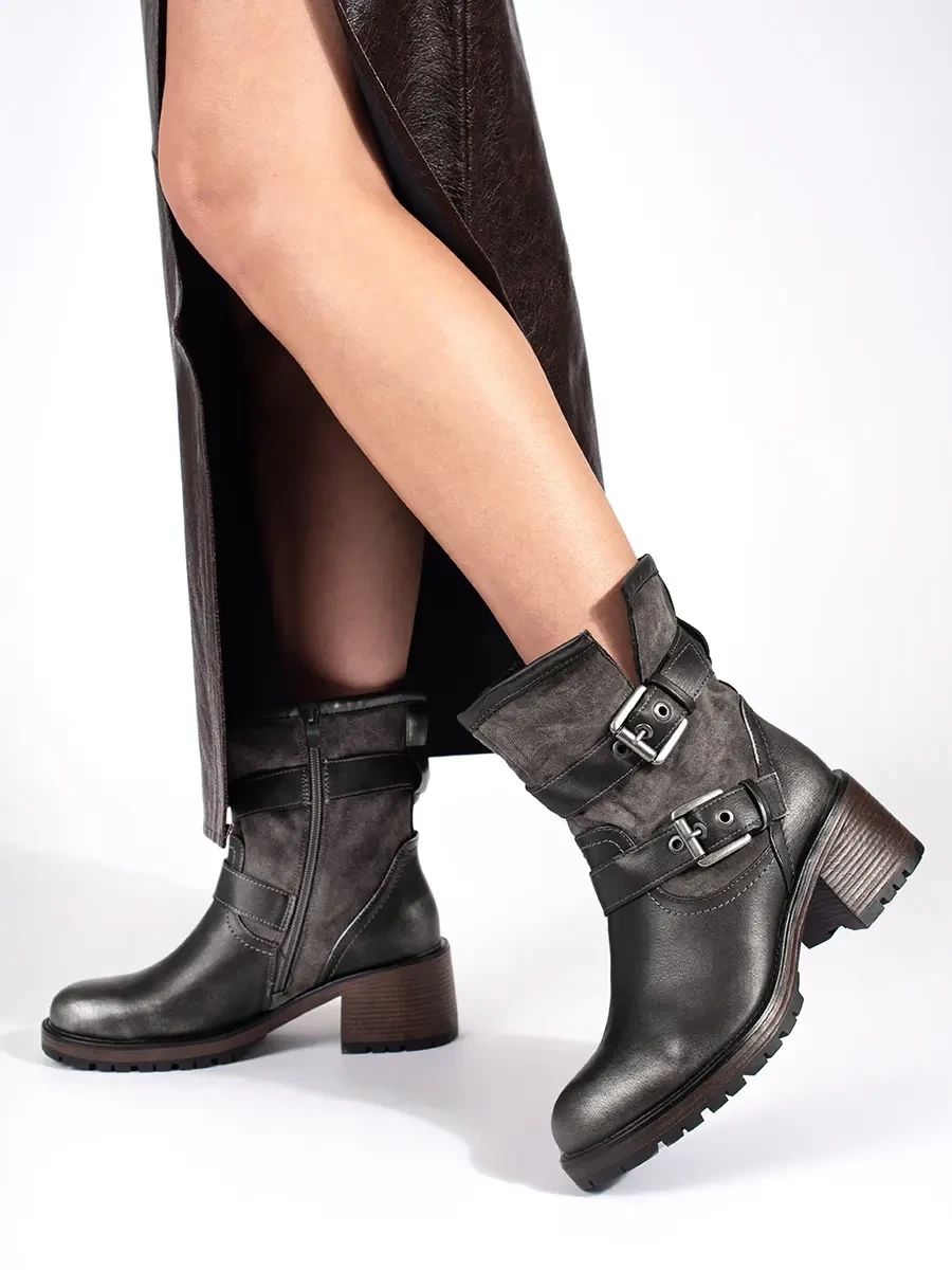 Dark Brown Metallic Ankle Boots with Heels and Buckles