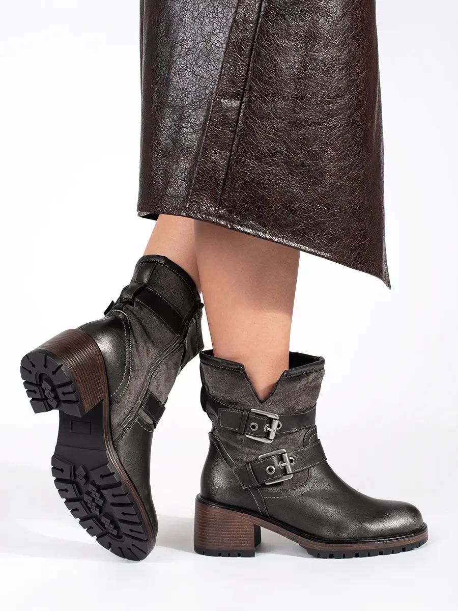 Dark Brown Metallic Ankle Boots with Heels and Buckles