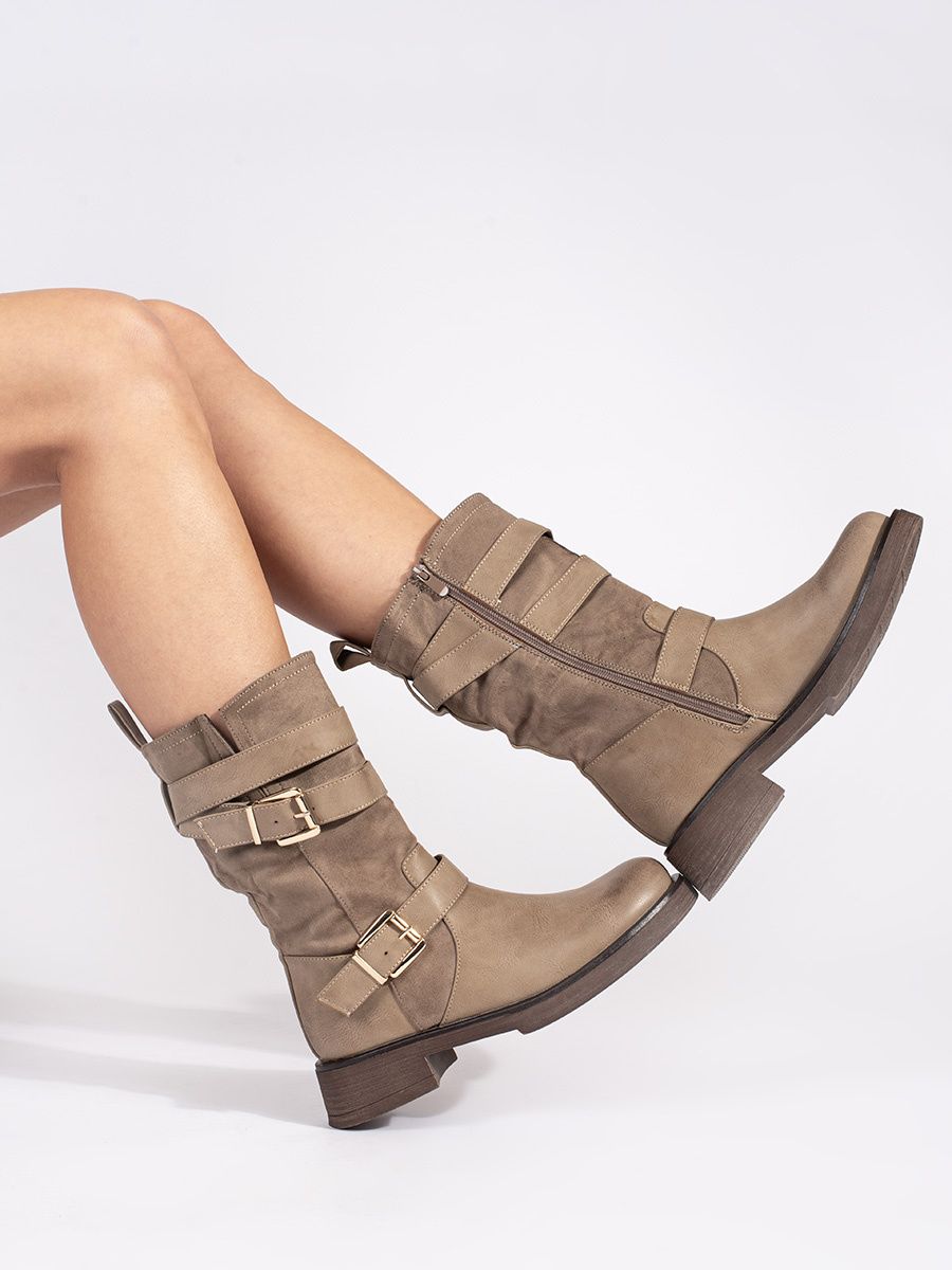 Beige Women's Ankle Boots with Low Heel and Buckles