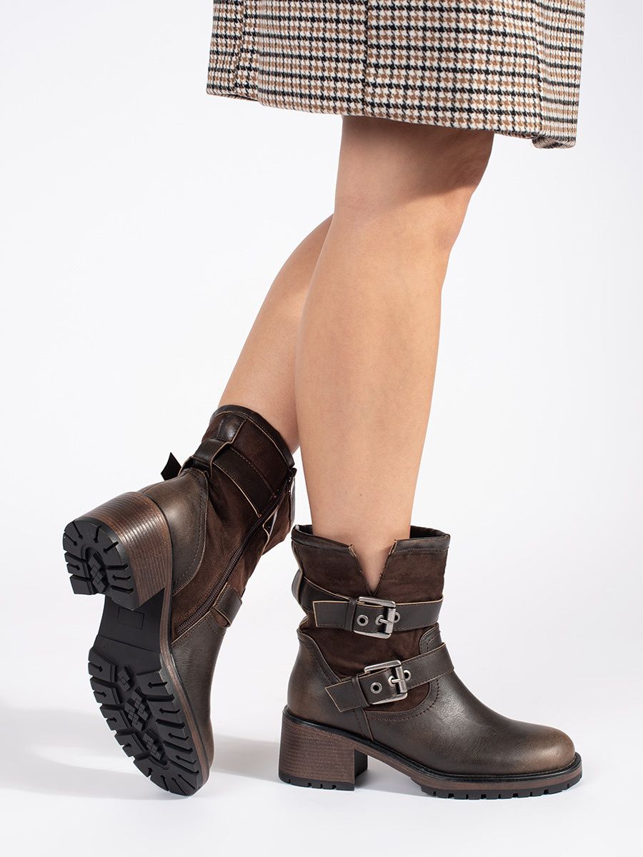 Brown Women's Ankle Boots with Heels and Buckles