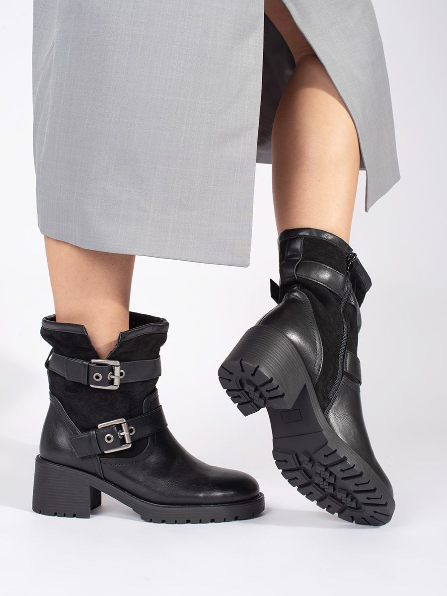 Black Women's Ankle Boots with Heels and Buckles