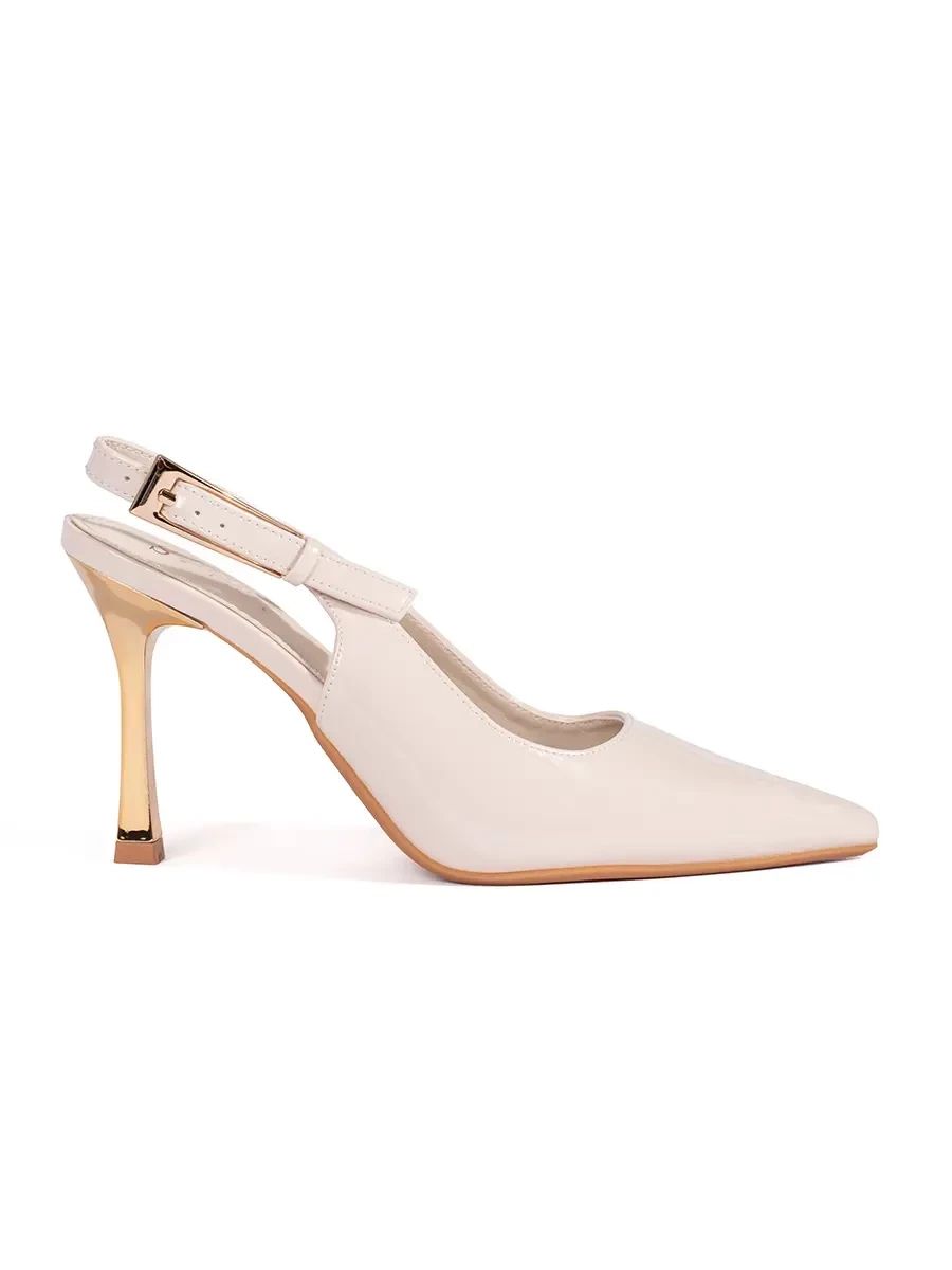 Lacquered Beige Heels with Open Back