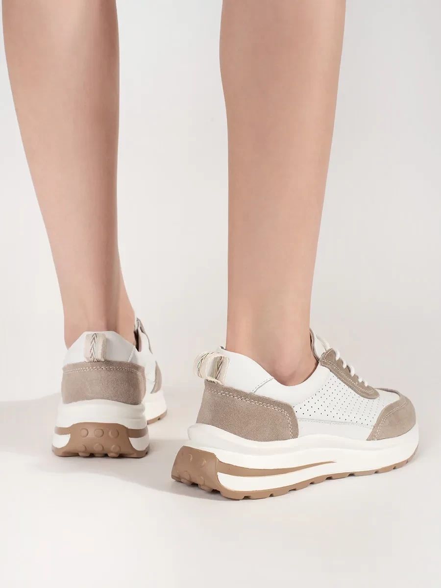Leather Perforated Sports Shoes with Thick Sole in White-Beige