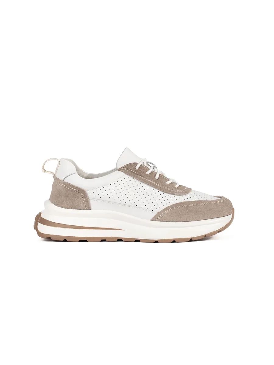 Leather Perforated Sports Shoes with Thick Sole in White-Beige