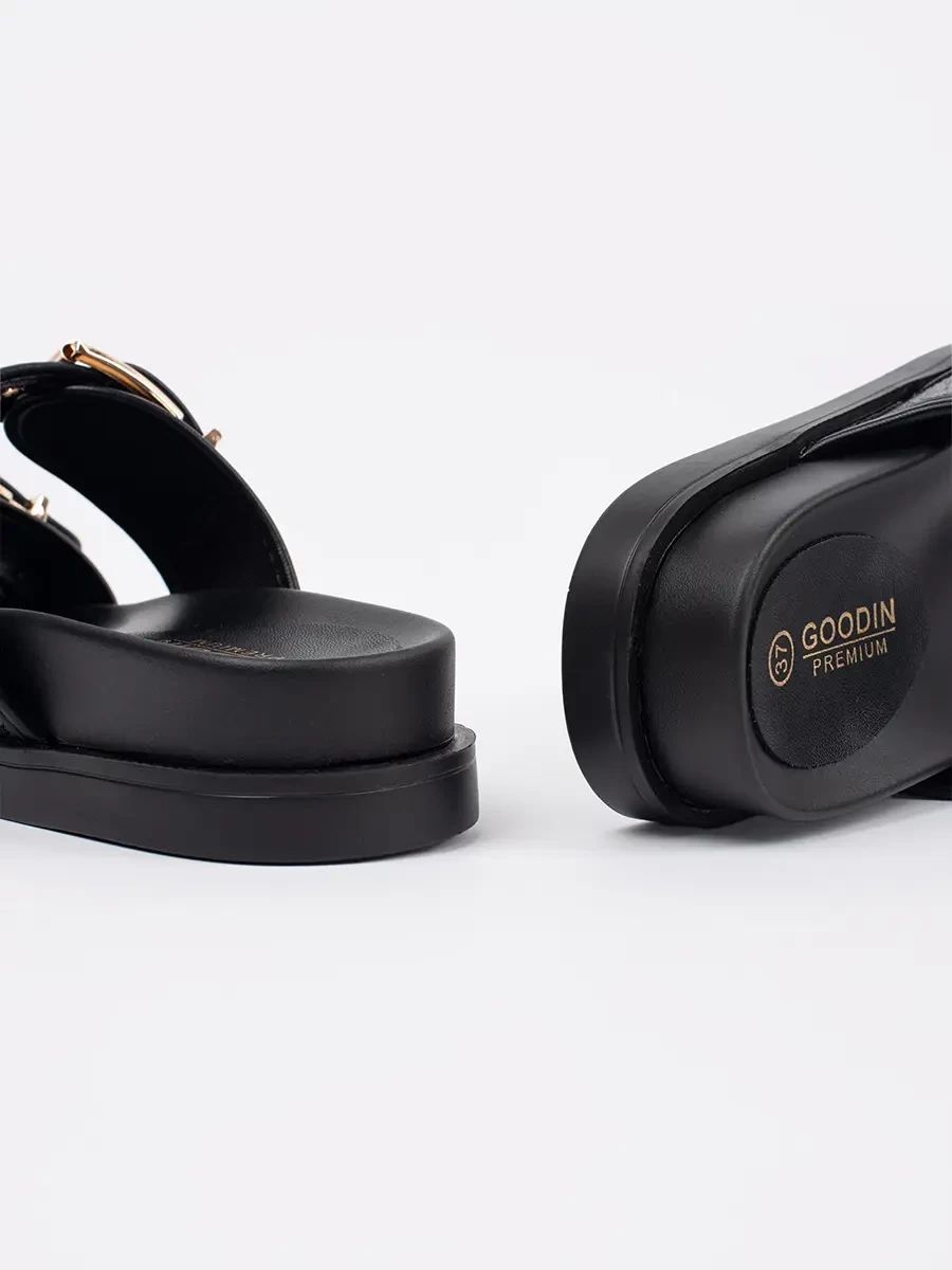 Black Flat Sandals with Buckles