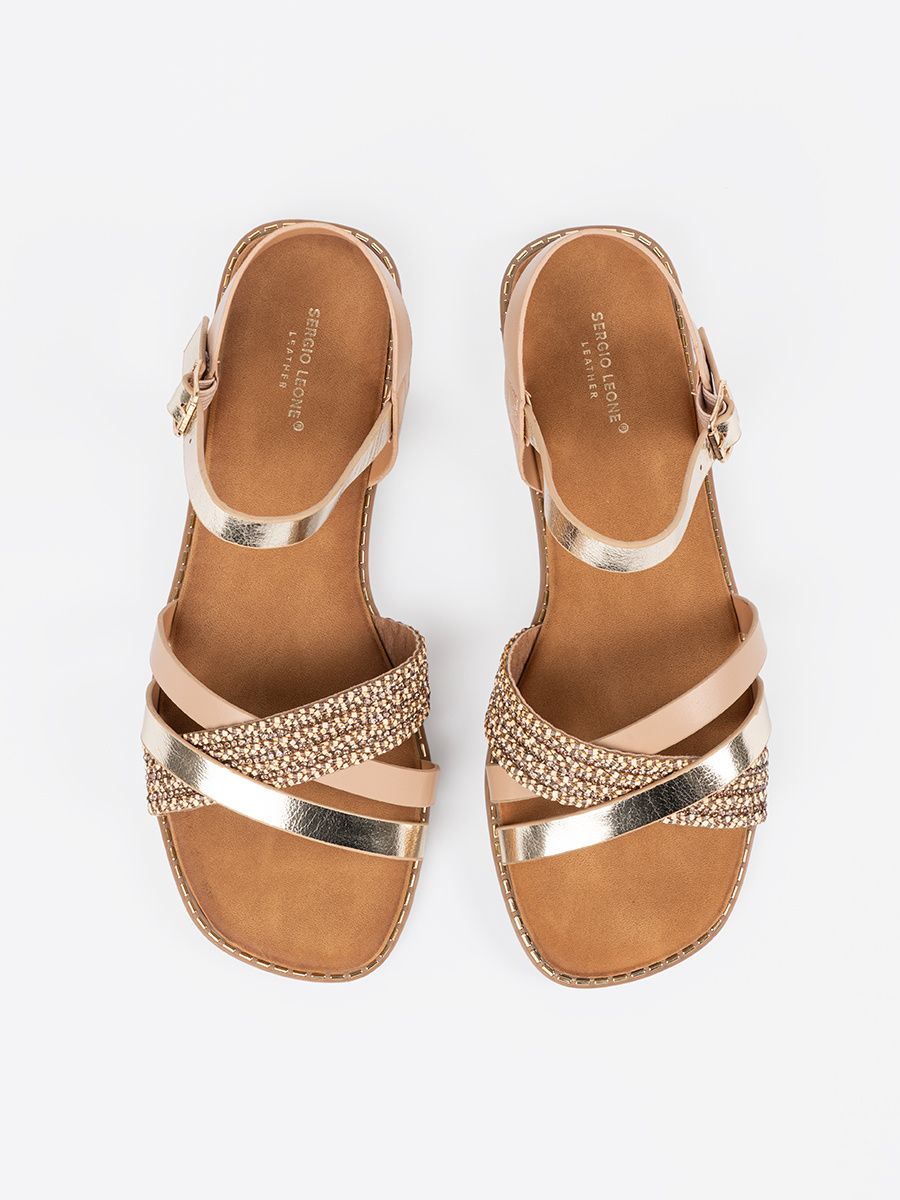 Gold Women's Sandals with Flat Sole