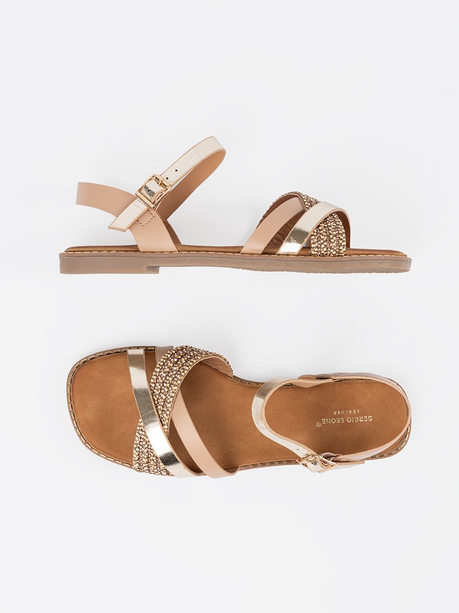 Gold Women's Sandals with Flat Sole