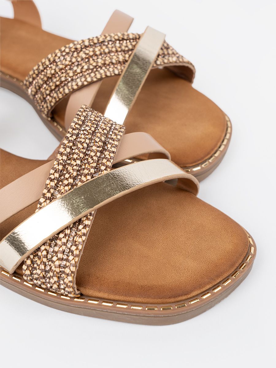 Gold Women's Sandals with Flat Sole