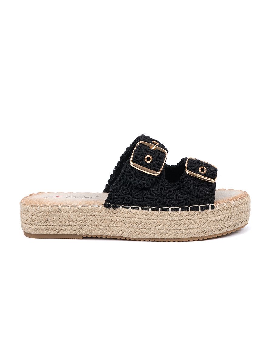 Black Woven Slide Sandals on Platform with Buckles