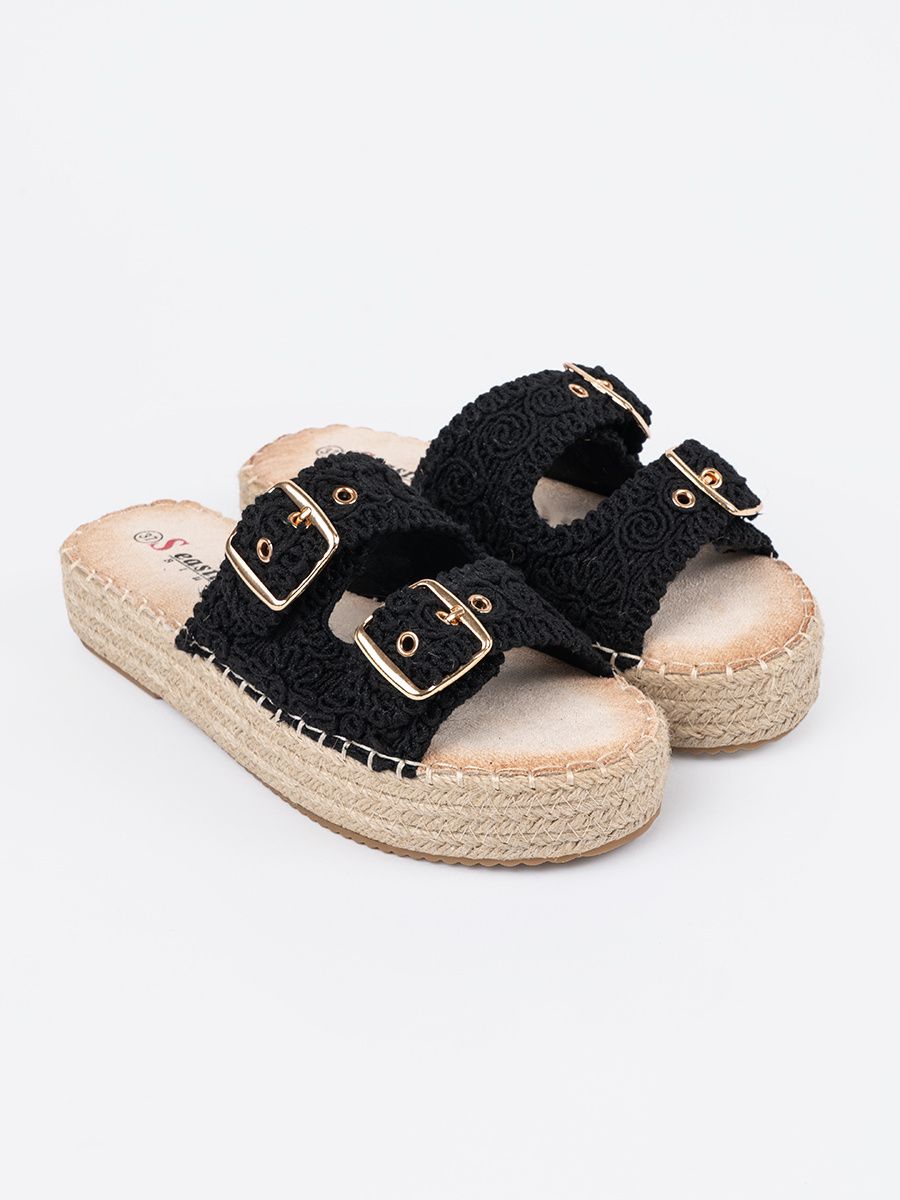 Black Woven Slide Sandals on Platform with Buckles