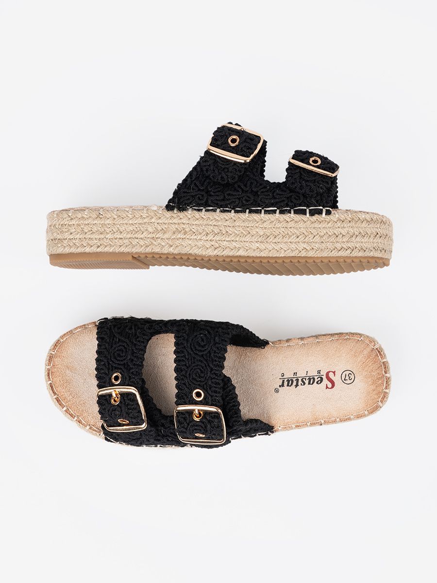 Black Woven Slide Sandals on Platform with Buckles