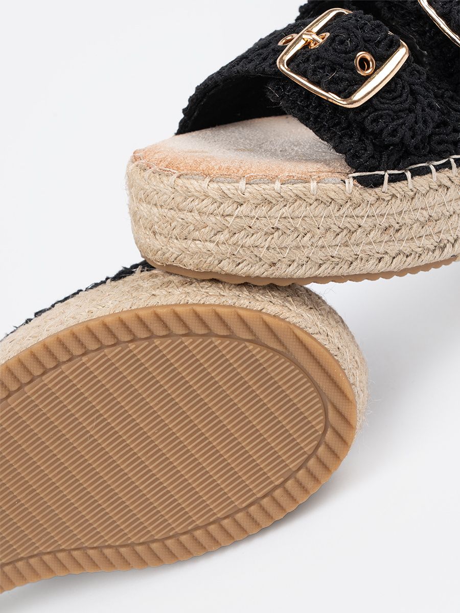 Black Woven Slide Sandals on Platform with Buckles