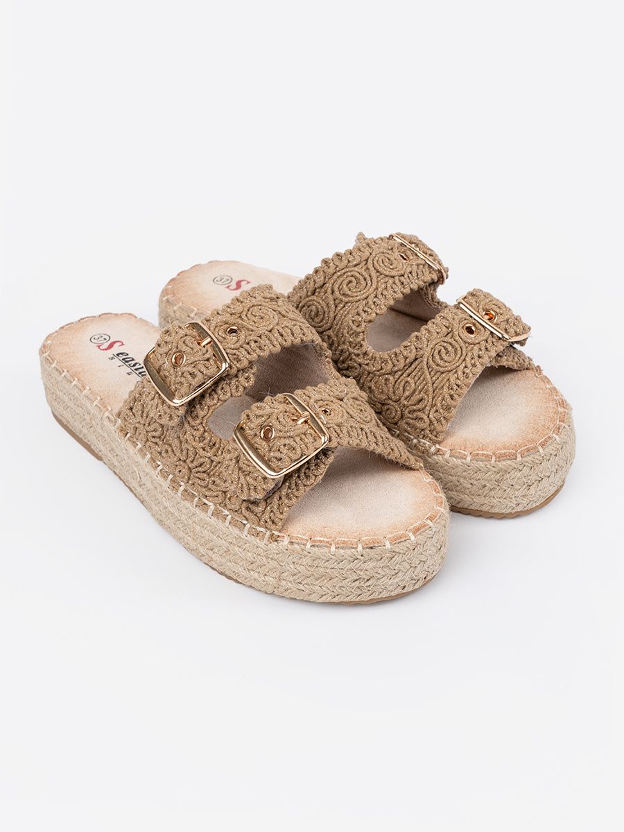 Beige Woven Slide Sandals on Platform with Buckles