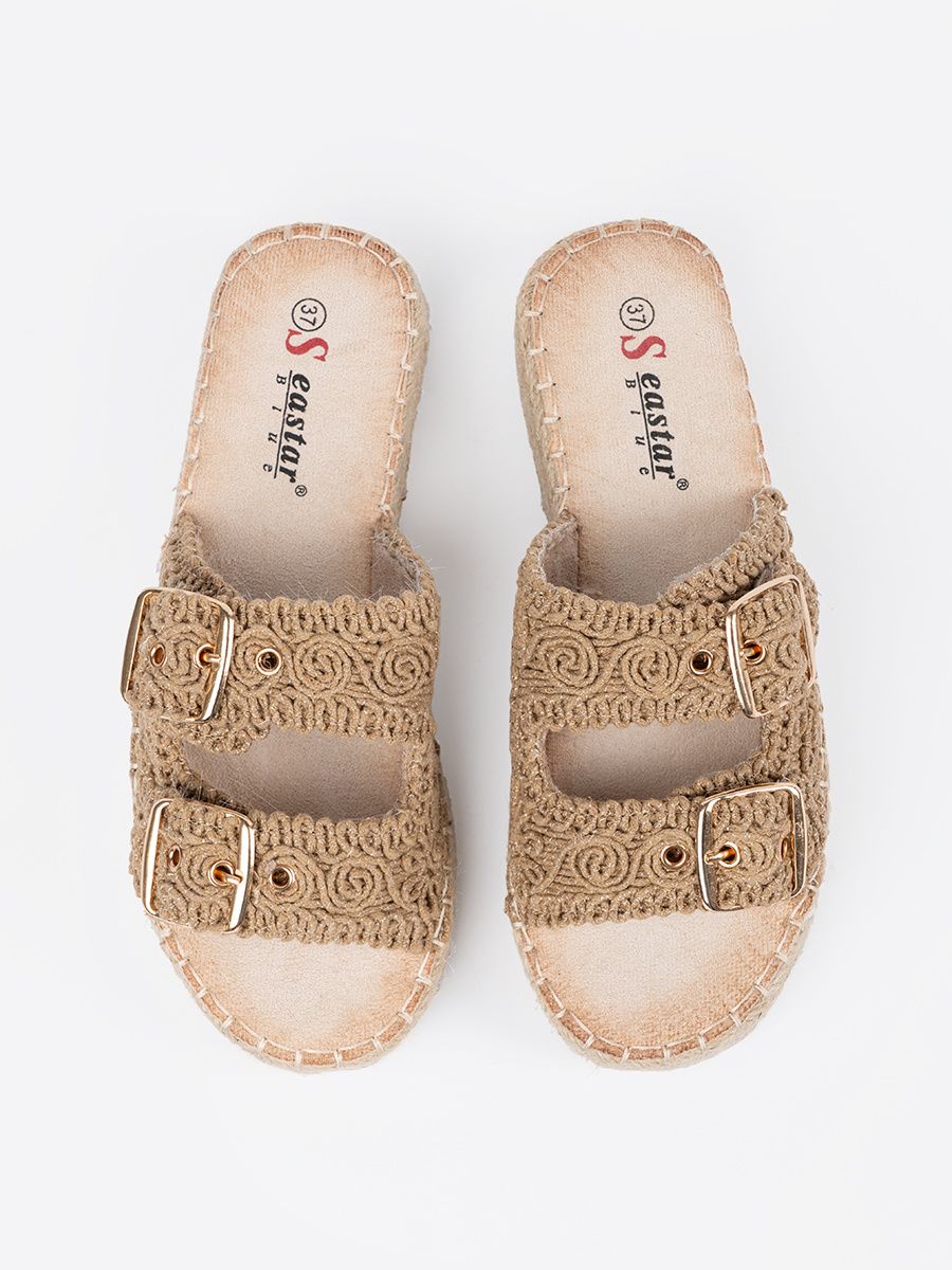 Beige Woven Slide Sandals on Platform with Buckles