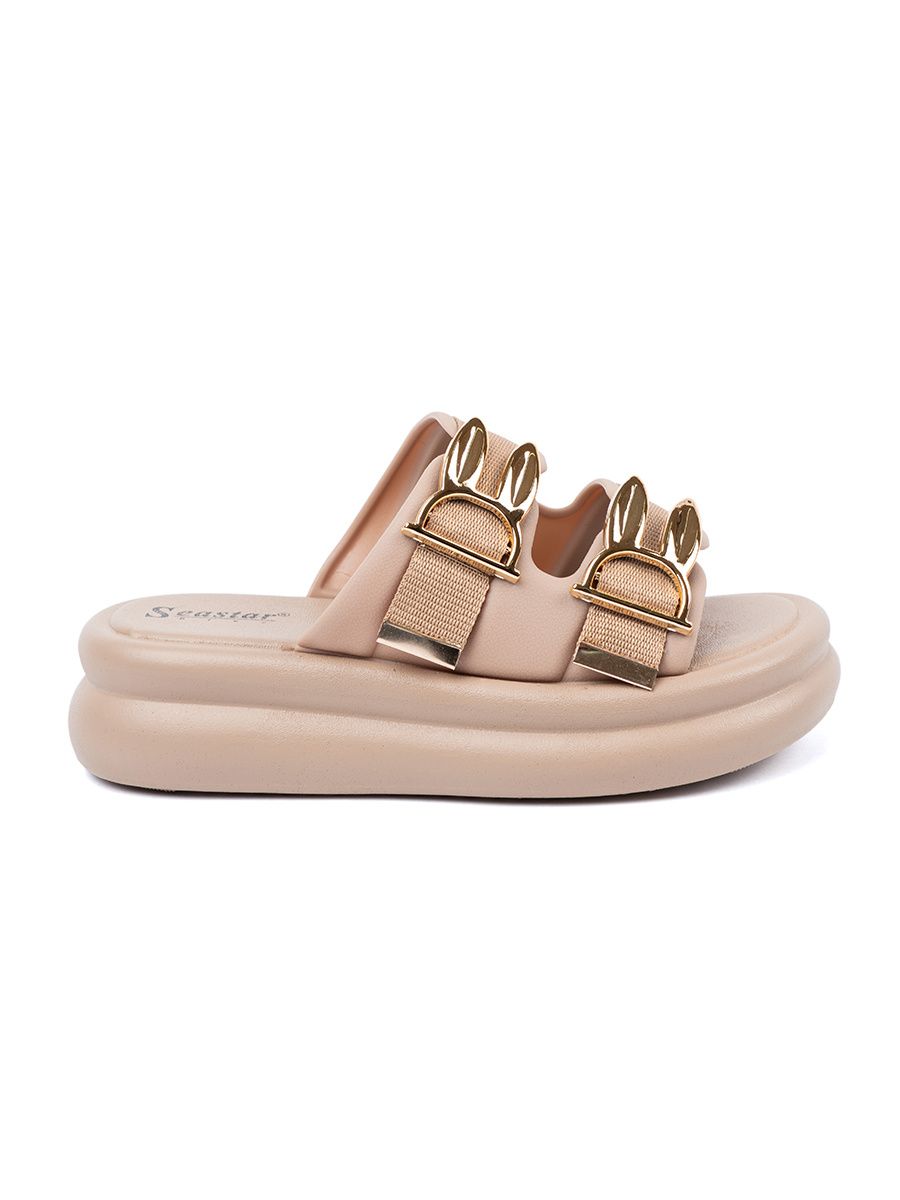 Beige Sandals with Golden Buckles on Platform