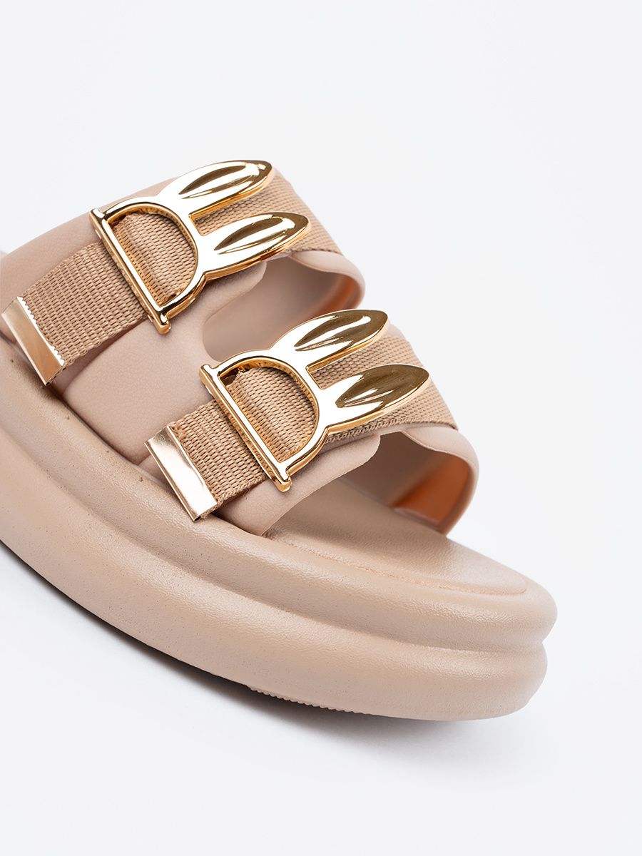 Beige Sandals with Golden Buckles on Platform
