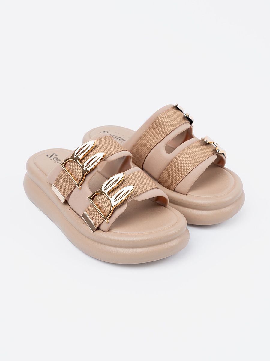 Beige Sandals with Golden Buckles on Platform