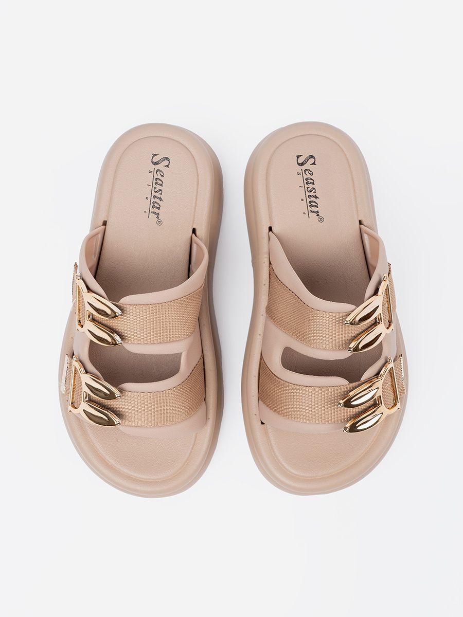 Beige Sandals with Golden Buckles on Platform